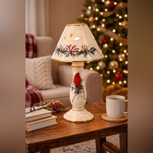 VTG Lenox Winter Greetings Ceramic Cardinal Christmas Table Lamp with Gold Trim